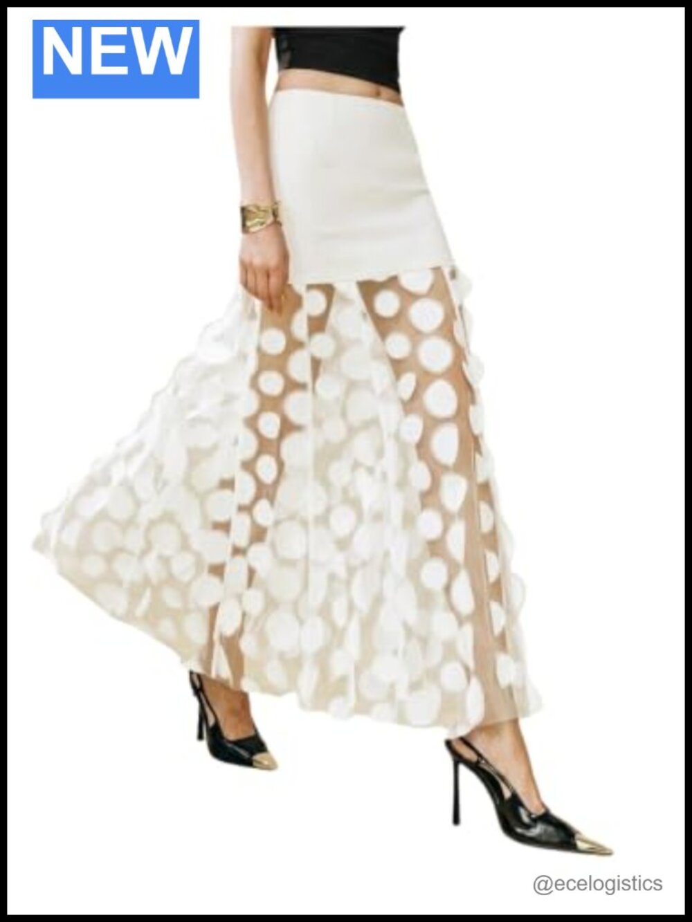 Sheer Mesh Ruffled Maxi Skirt Polka Dots Applique High Waisted Flowy A-Line